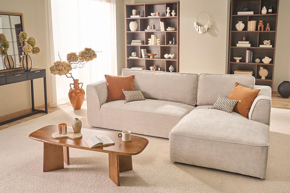 Ecksofa rechts Design in texturiertem Samt-Effekt Stoff beige 3-Sitzer GRAMMY