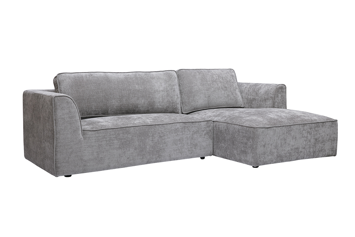 Dreisitzer-Ecksofa aus grauem Stoff, Ansicht von 3/4.