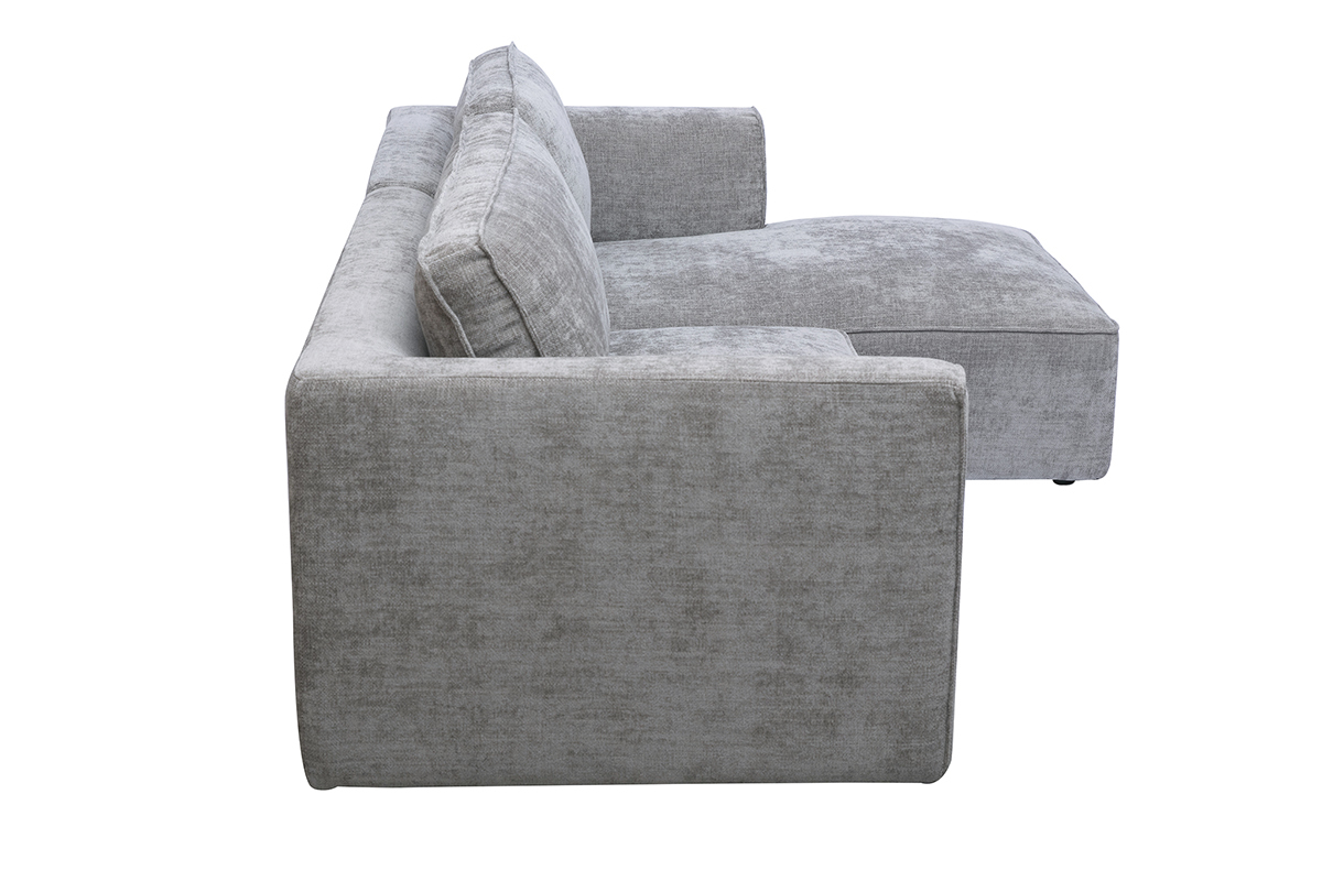 Rechtsseitiges graues Ecksofa in Samtoptik, Seitenansicht.