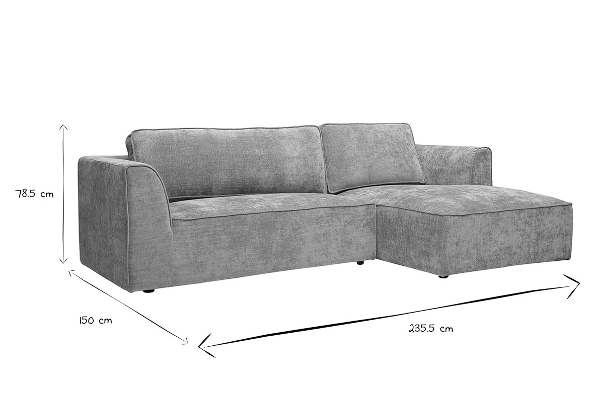 Ecksofa rechts 3-Sitzer in grauem strukturiertem Samt mit den Ma�en L235,5 x P150 x H78,5 cm, Seitenansicht.