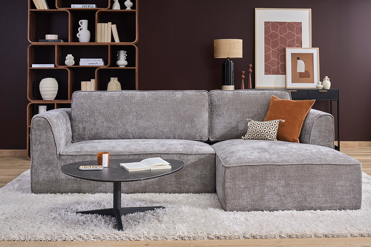 Ecksofa rechts im Design aus grauem Stoff mit Samteffekt, 3-Sitzer GRAMMY