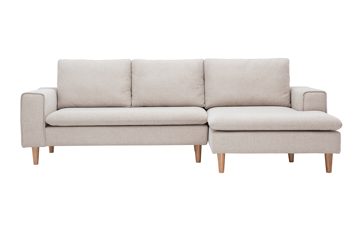 Beiges Ecksofa mit Stoffbezug und hellen Holzbeinen, Frontansicht.
