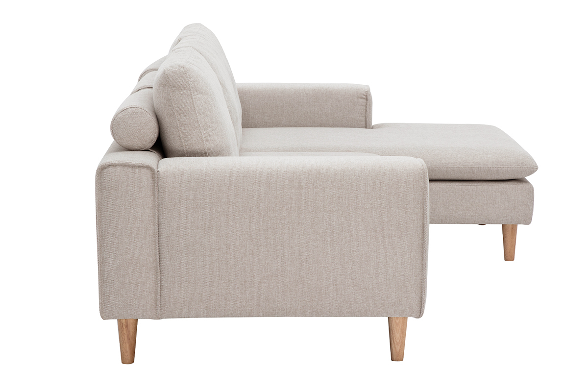 Beiges Ecksofa mit Stoffbezug und hellem Holz, Seitenansicht.