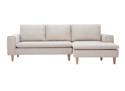 Ecksofa rechts in beigem Samteffekt Textilstoff und hellem Holz RAGNAR