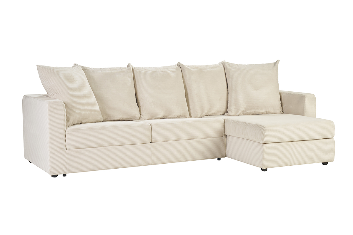 Ecksofa rechts wandelbar in beige Cord, Ansicht von 3/4.