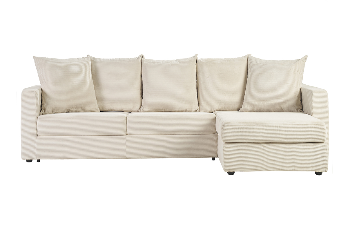 Ecksofa rechts konvertierbar 4-Sitzer aus beigefarbenem Cord, Frontansicht.