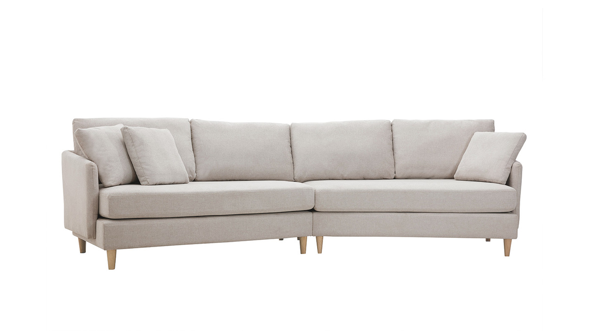 Ecksofa skandinavisch beiger Stoff mit Samteffekt helles Holz 5-Sitzer GROOVE