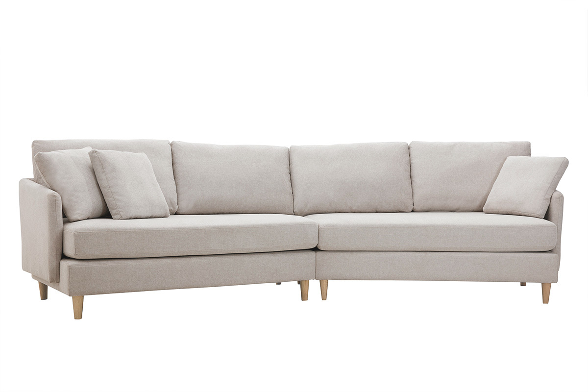 Ecksofa skandinavisch beiger Stoff mit Samteffekt helles Holz 5-Sitzer GROOVE