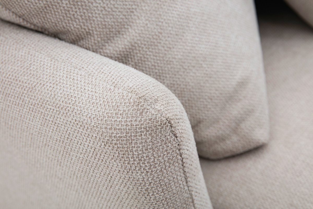Ecksofa skandinavisch beiger Stoff mit Samteffekt helles Holz 5-Sitzer GROOVE
