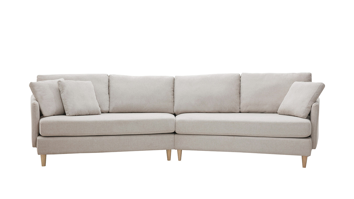 Ecksofa skandinavisch beiger Stoff mit Samteffekt helles Holz 5-Sitzer GROOVE