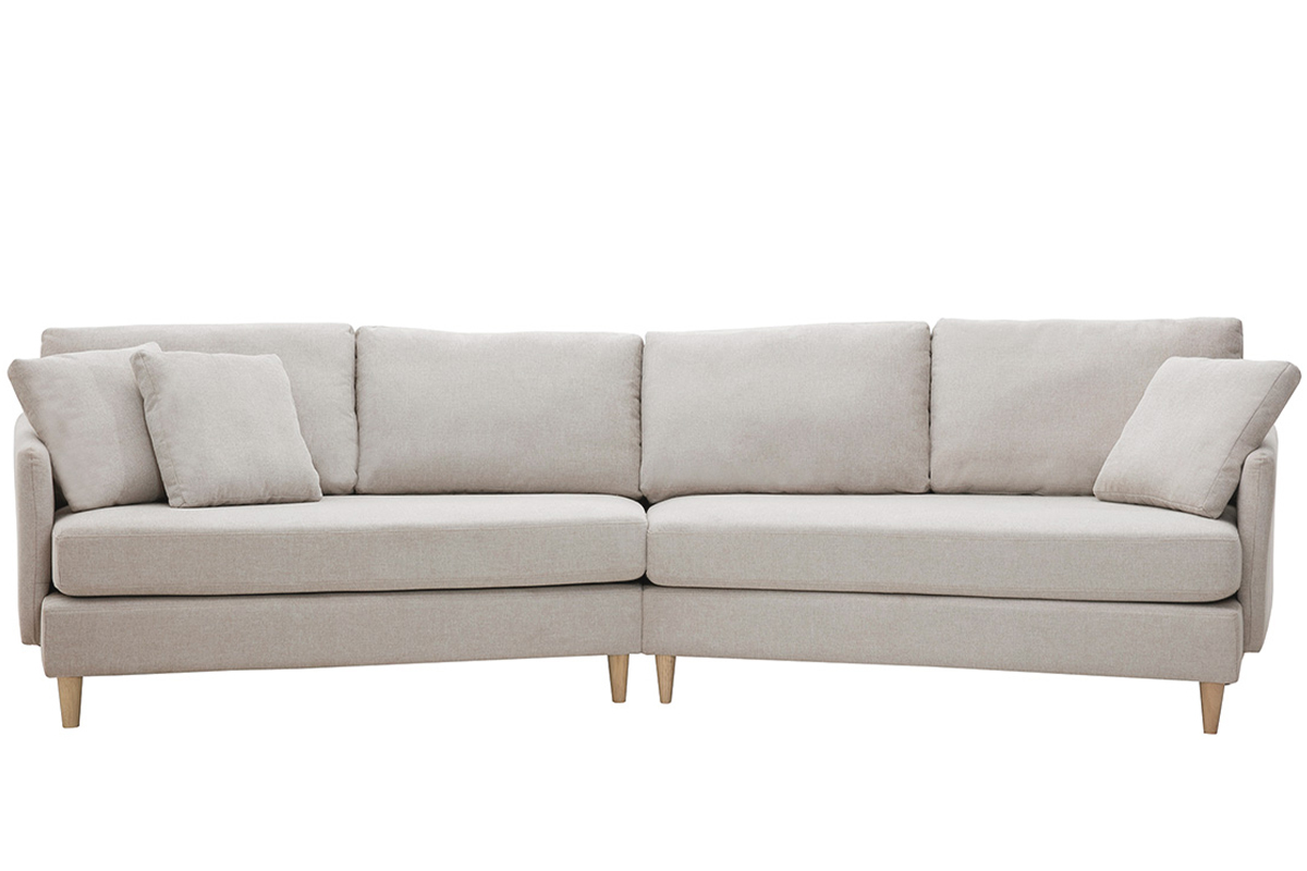 Ecksofa skandinavisch beiger Stoff mit Samteffekt helles Holz 5-Sitzer GROOVE