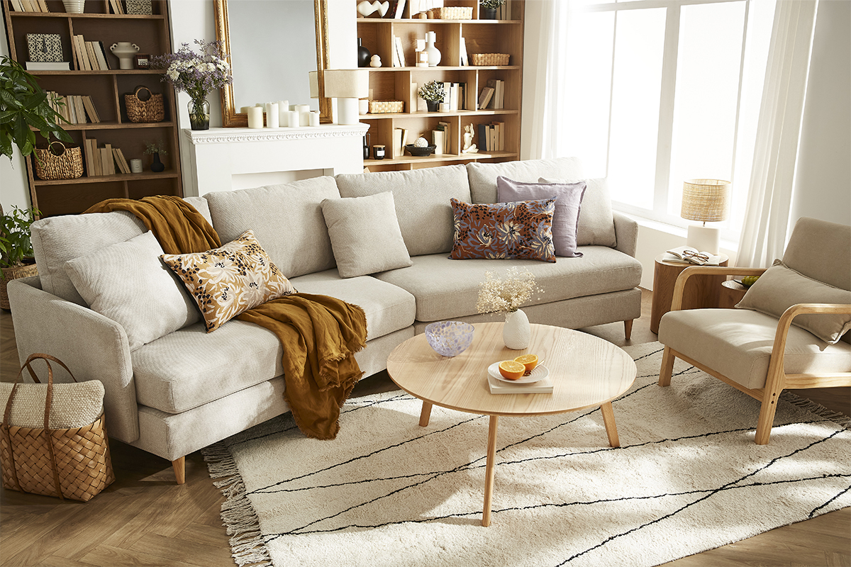 Ecksofa skandinavisch beiger Stoff mit Samteffekt helles Holz 5-Sitzer GROOVE