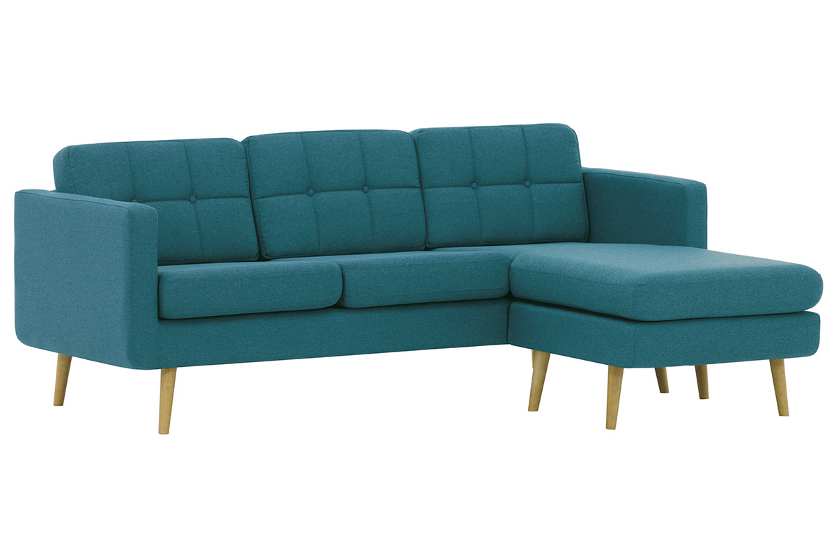 Ecksofa skandinavisch blaugrner Stoff und Holz ELFE