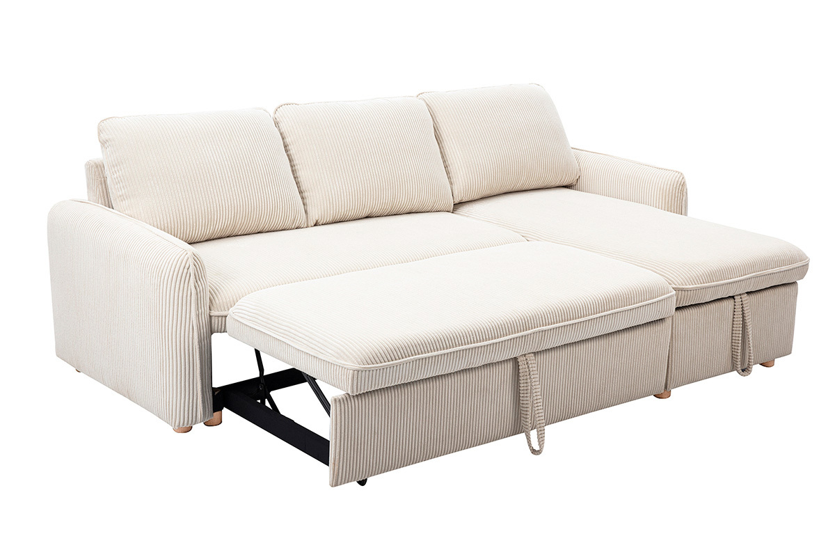 Beiges Ecksofa aus Cord, Ansicht von 3/4.