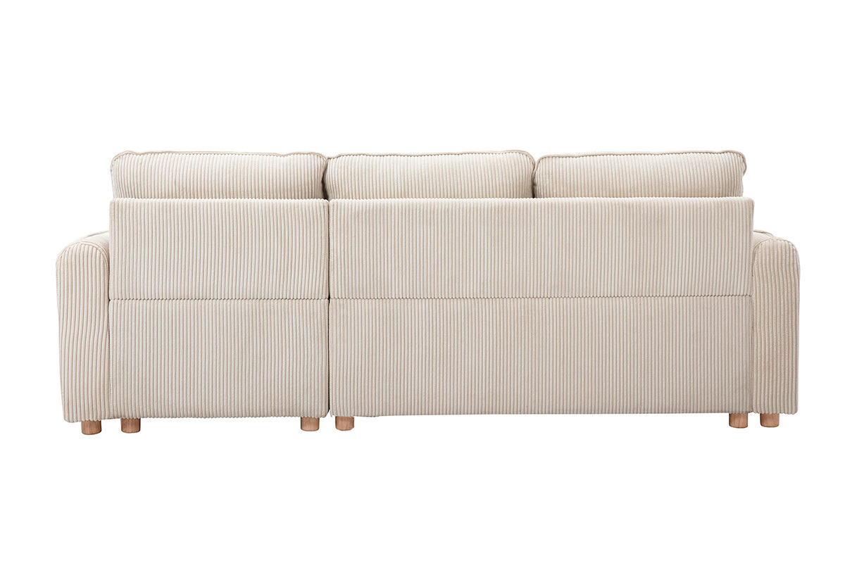 Ecksofa aus beigem Cordstoff, R�ckansicht, mit hellen Holzf��en.