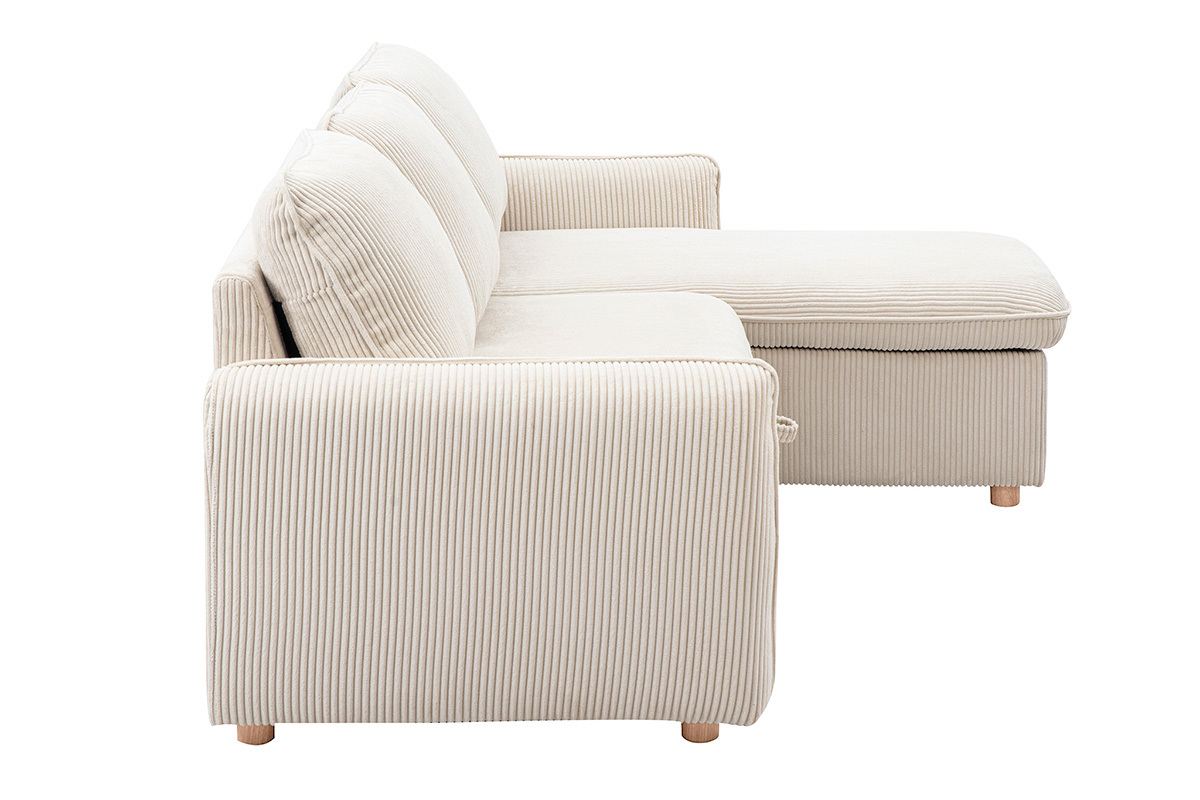 Beiges Cord-Samt Ecksofa, Seitenansicht