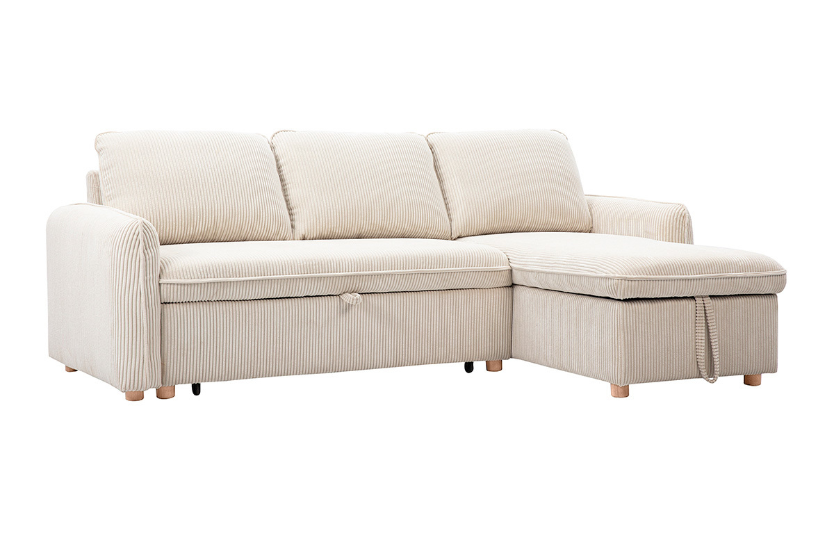 Beiges Ecksofa aus Cord mit Schlaffunktion und Stauraum, Ansicht von 3/4.