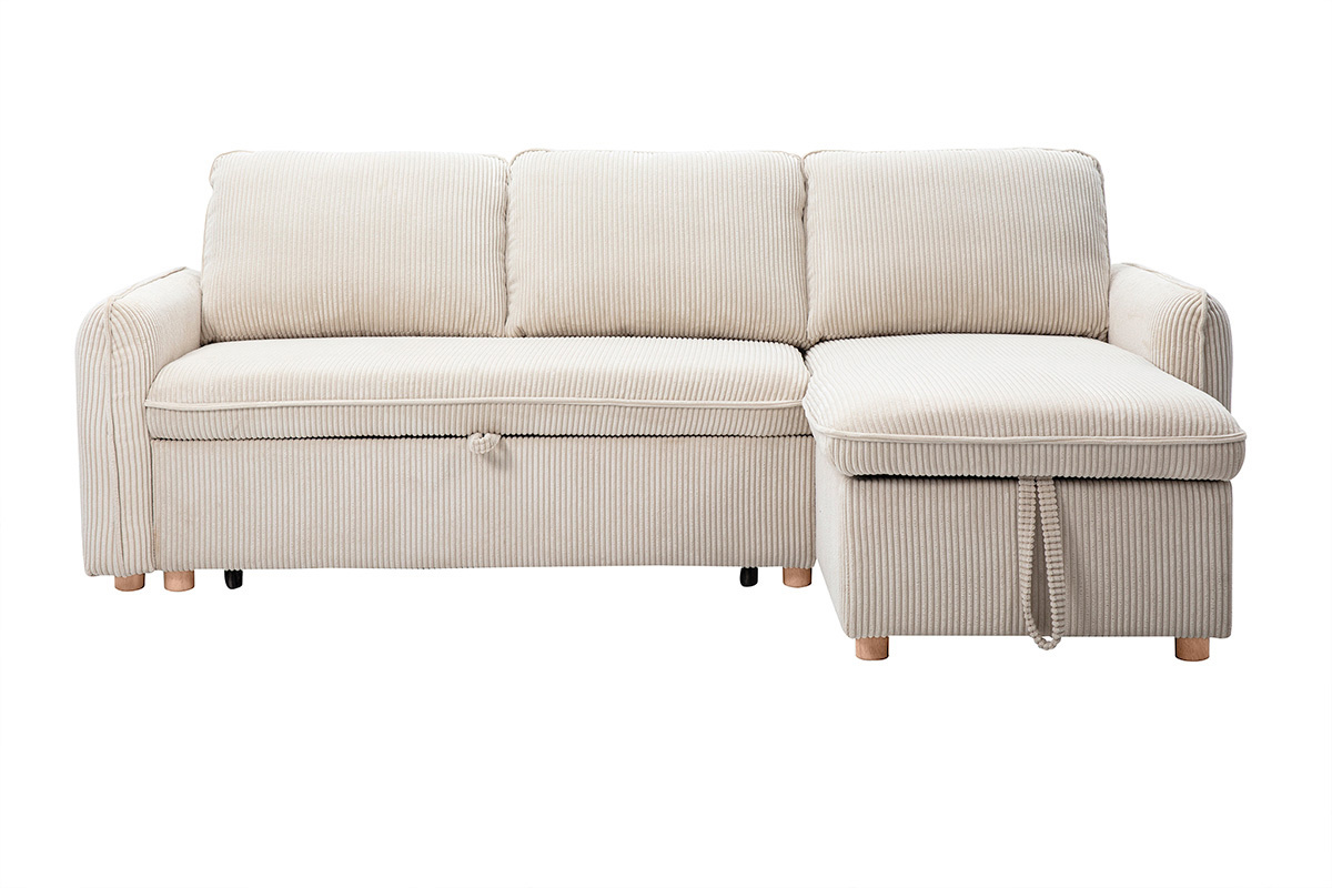 Beiges Ecksofa mit Schlaffunktion aus Cord, Vorderansicht, mit hellen Holzf��en.