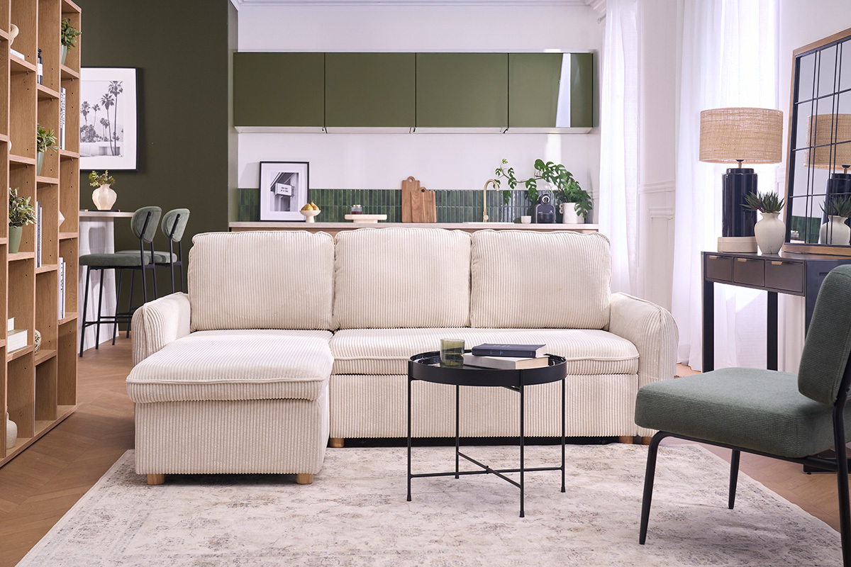 Ecksofa, umwandelbar, reversibel, mit Bettkasten, 3-Sitzer, aus beigefarbenem Cord-Samtstoff und hellem Holz ORSO