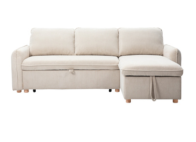 Ecksofa, umwandelbar, reversibel, mit Bettkasten, 3-Sitzer, aus beigefarbenem Cord-Samtstoff und hellem Holz ORSO