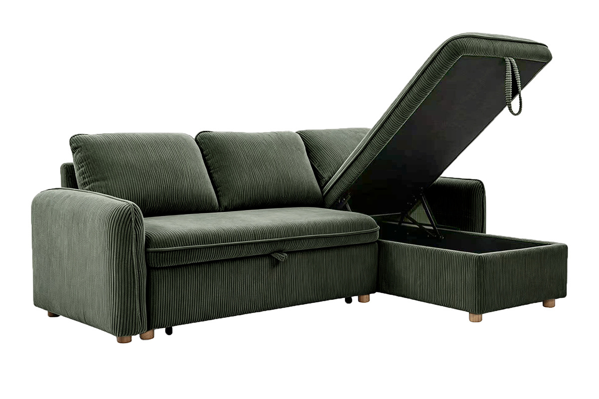 Ecksofa, umwandelbar und reversibel mit Stauraum, 3-Sitzer, aus gr�n-khaki Samtcordstoff und hellem Holz ORSO