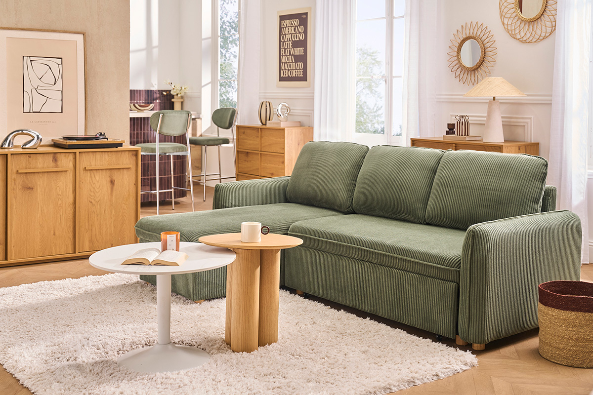 Ecksofa, umwandelbar und reversibel mit Stauraum, 3-Sitzer, aus gr�n-khaki Samtcordstoff und hellem Holz ORSO