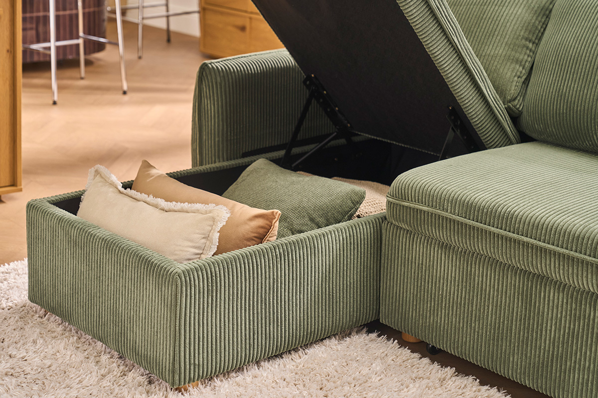 Ecksofa, umwandelbar und reversibel mit Stauraum, 3-Sitzer, aus gr�n-khaki Samtcordstoff und hellem Holz ORSO