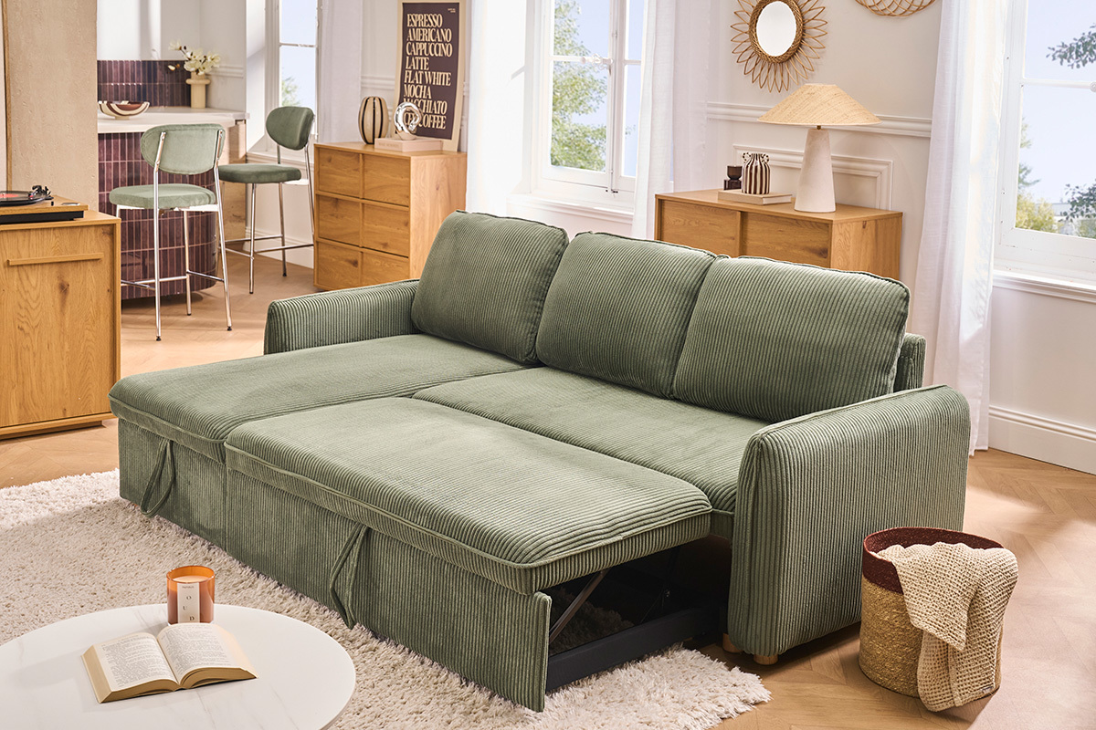 Ecksofa, umwandelbar und reversibel mit Stauraum, 3-Sitzer, aus gr�n-khaki Samtcordstoff und hellem Holz ORSO