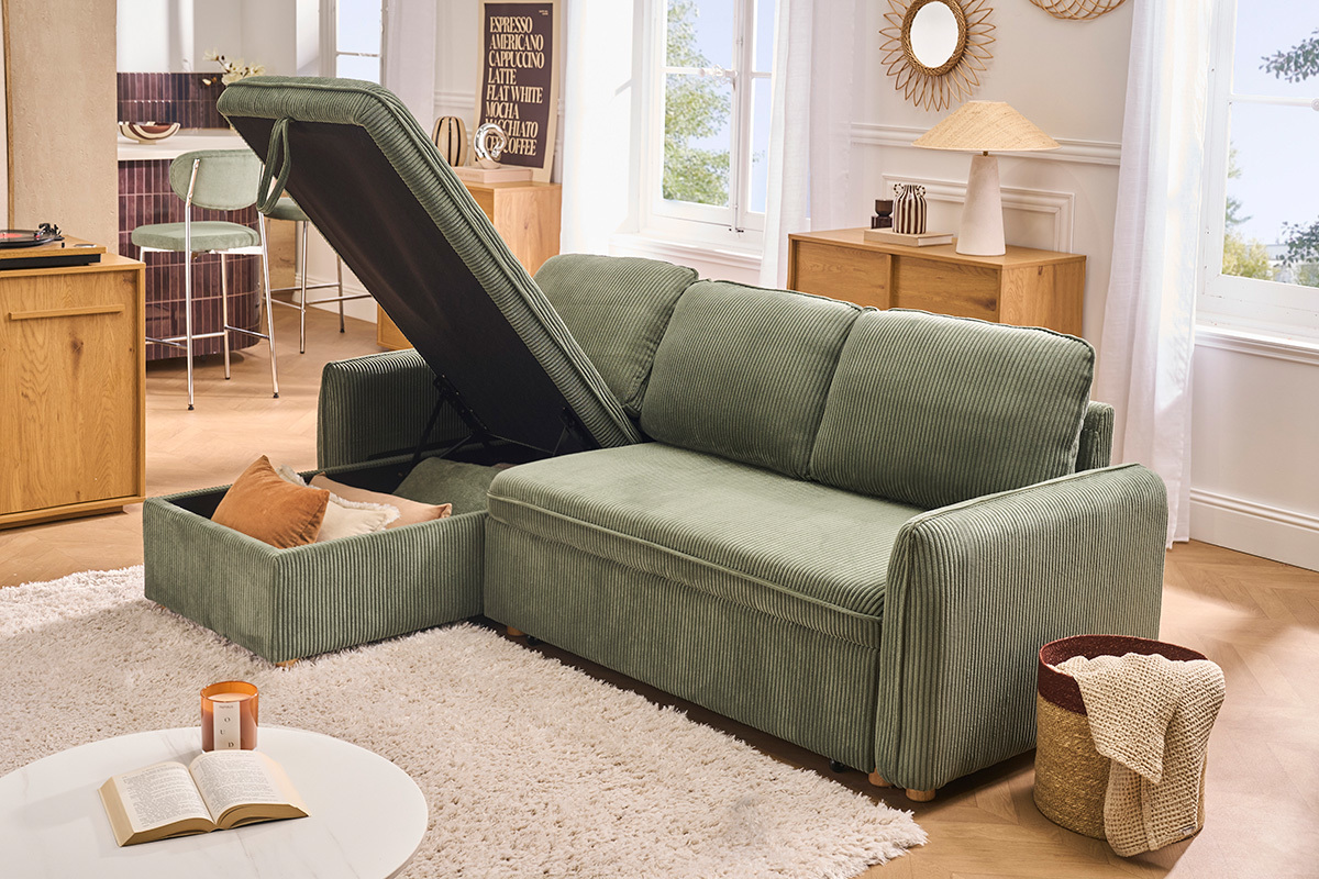 Ecksofa, umwandelbar und reversibel mit Stauraum, 3-Sitzer, aus gr�n-khaki Samtcordstoff und hellem Holz ORSO
