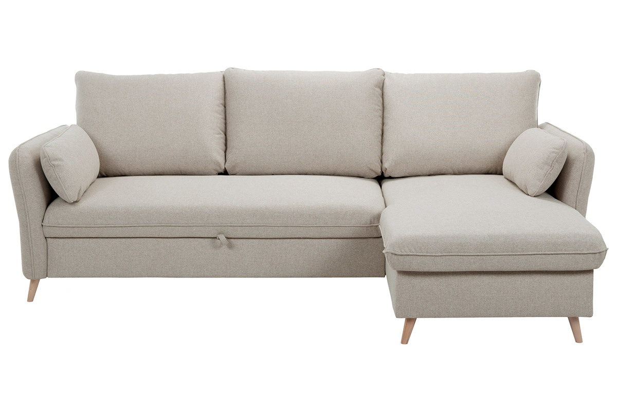Ecksofa, umwandelbar, wendbar, mit Bettkasten, 3-4-Sitzer, aus beigem Stoff und hellem Holz DRISS