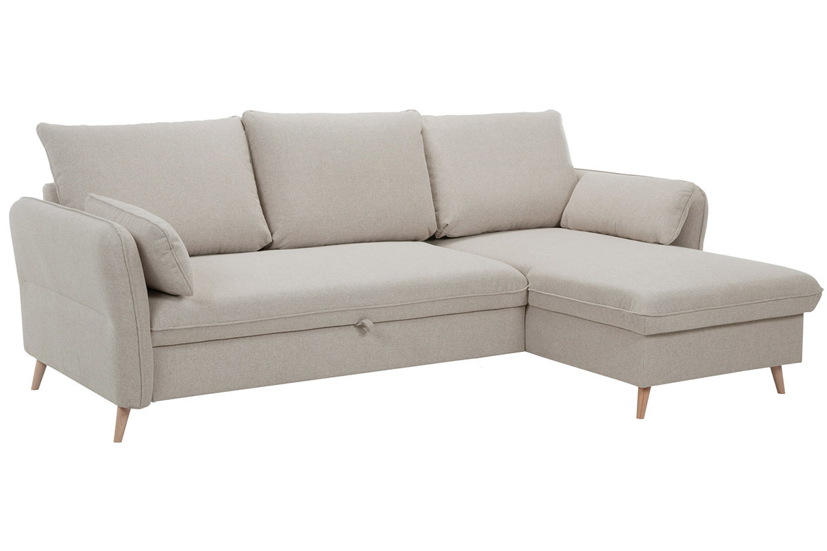 Ecksofa, umwandelbar, wendbar, mit Bettkasten, 3-4-Sitzer, aus beigem Stoff und hellem Holz DRISS