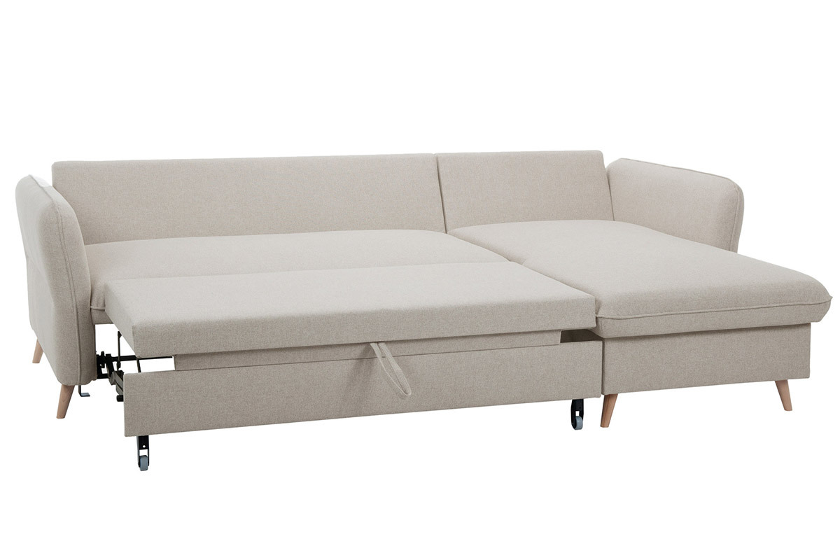 Ecksofa, umwandelbar, wendbar, mit Bettkasten, 3-4-Sitzer, aus beigem Stoff und hellem Holz DRISS