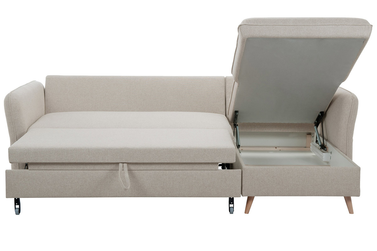 Ecksofa, umwandelbar, wendbar, mit Bettkasten, 3-4-Sitzer, aus beigem Stoff und hellem Holz DRISS