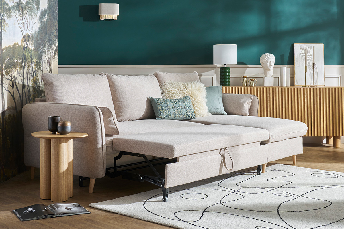 Ecksofa, umwandelbar, wendbar, mit Bettkasten, 3-4-Sitzer, aus beigem Stoff und hellem Holz DRISS
