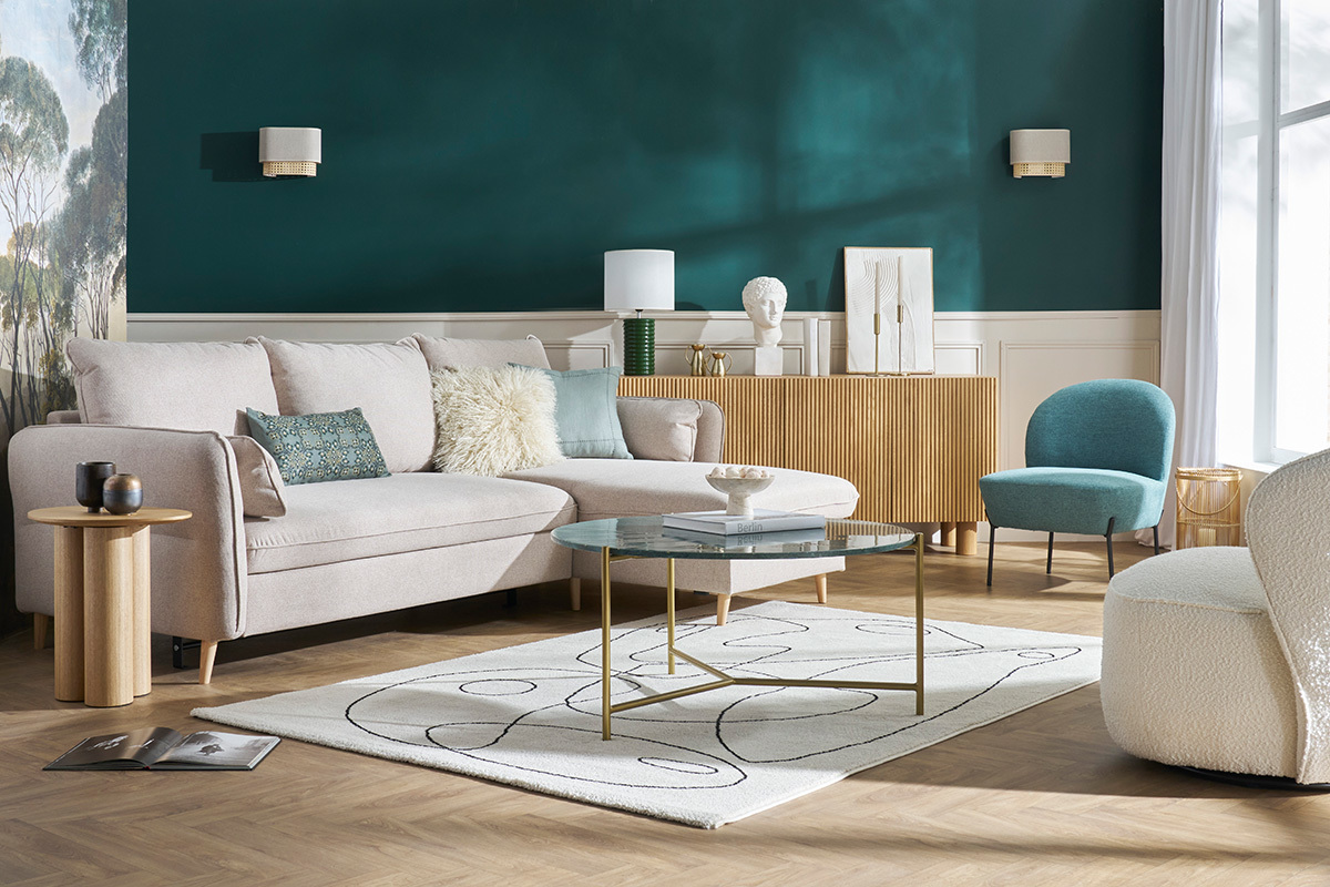 Ecksofa, umwandelbar, wendbar, mit Bettkasten, 3-4-Sitzer, aus beigem Stoff und hellem Holz DRISS