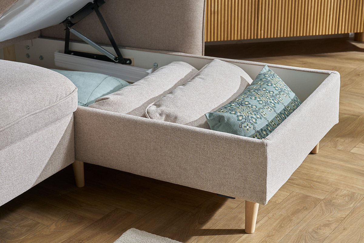 Ecksofa, umwandelbar, wendbar, mit Bettkasten, 3-4-Sitzer, aus beigem Stoff und hellem Holz DRISS
