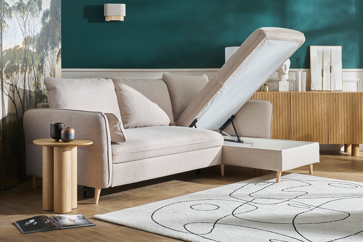 Ecksofa, umwandelbar, wendbar, mit Bettkasten, 3-4-Sitzer, aus beigem Stoff und hellem Holz DRISS