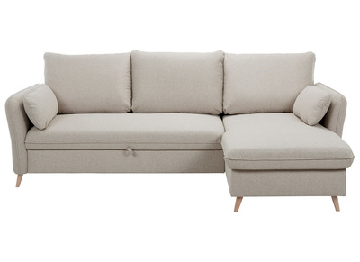 Ecksofa, umwandelbar, wendbar, mit Bettkasten, 3-4-Sitzer, aus beigem Stoff und hellem Holz DRISS