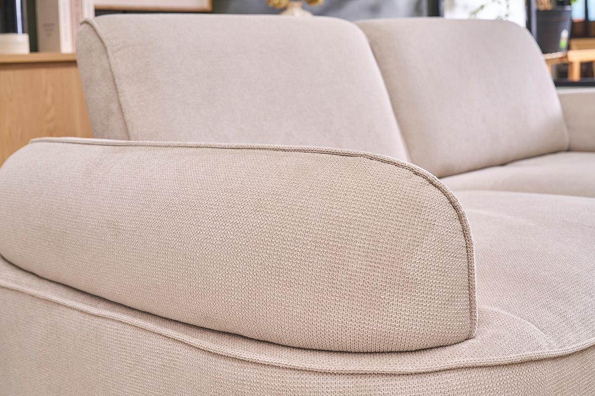 Elektrisches 3-Sitzer-Sofa aus beigem Chenillegewebe und hellem Holz OTIS