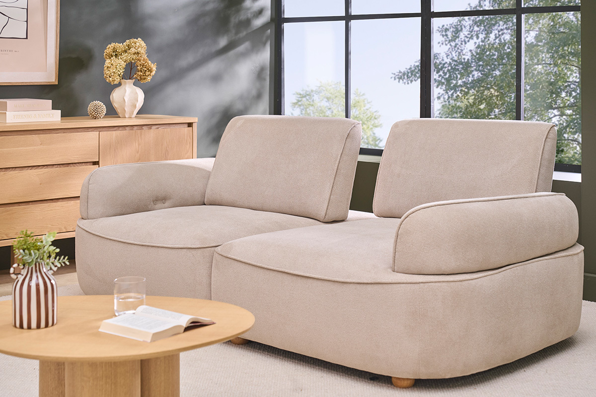 Elektrisches 3-Sitzer-Sofa aus beigem Chenillegewebe und hellem Holz OTIS