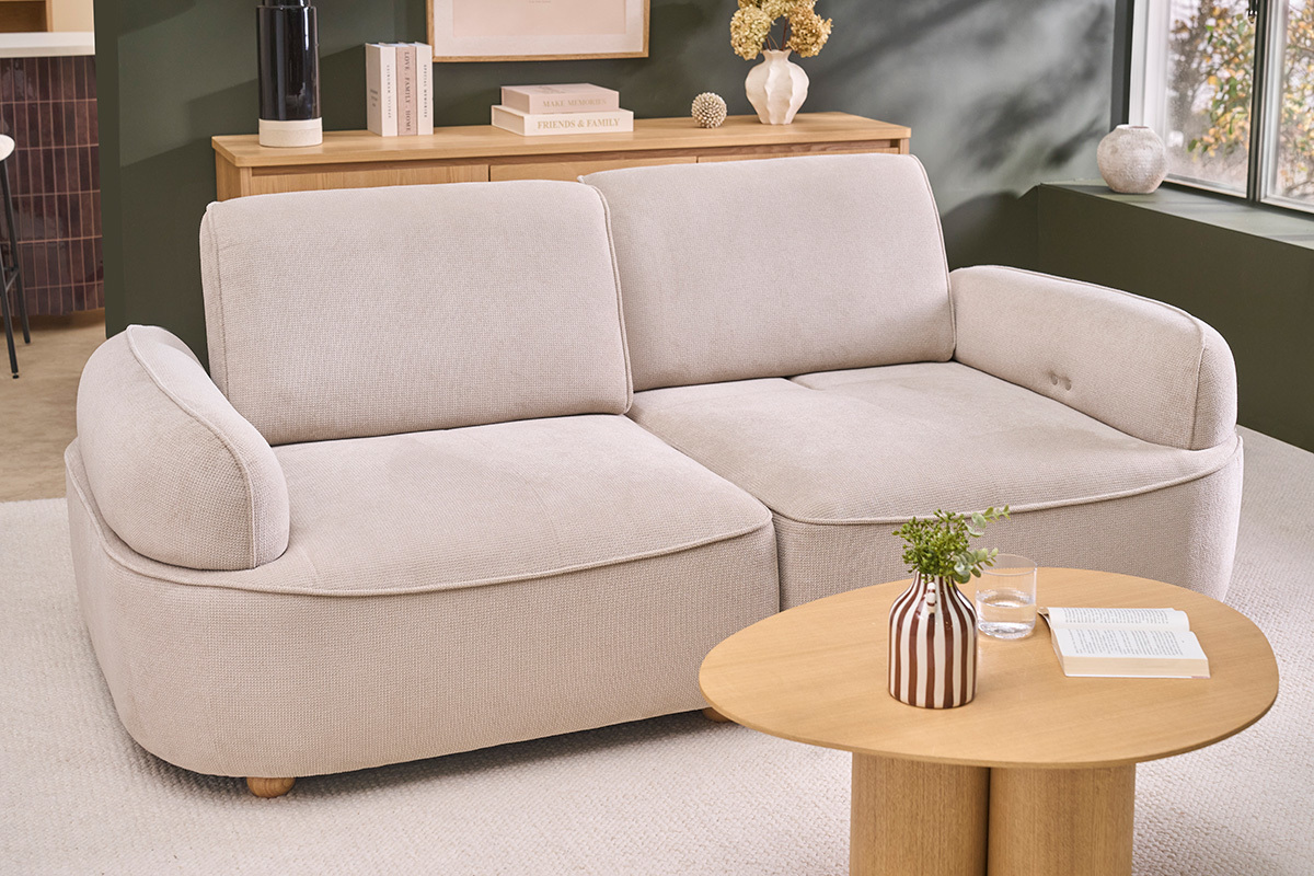 Elektrisches 3-Sitzer-Sofa aus beigem Chenillegewebe und hellem Holz OTIS