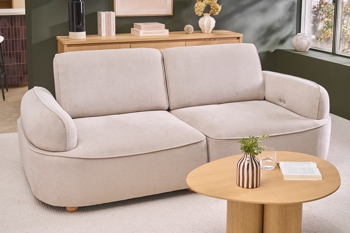 Elektrisches 3-Sitzer-Sofa aus beigem Chenillegewebe und hellem Holz OTIS