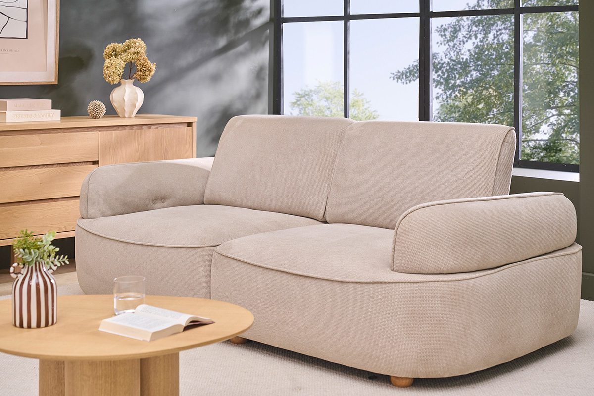 Elektrisches 3-Sitzer-Sofa aus beigem Chenillegewebe und hellem Holz OTIS