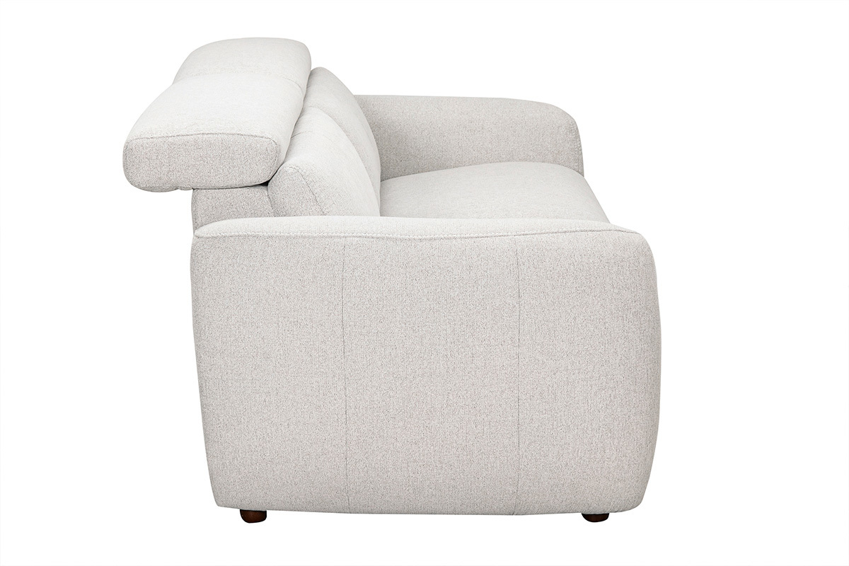 Beiges 3-Sitzer-Elektrosofa, Seitenansicht mit verstellbaren Kopfst�tzen und Fu�st�tzen, Stoff mit strukturierter Samtoptik.