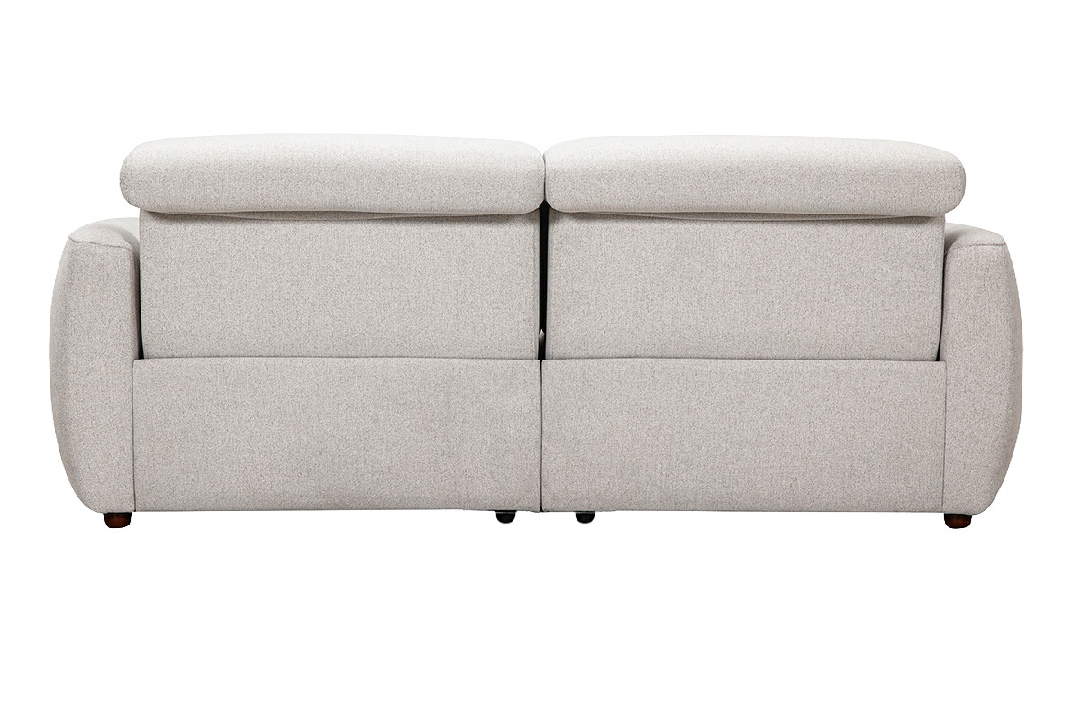 Elektrisches 3-Sitzer-Sofa MORZINE aus beigem Stoff, R�ckansicht mit verstellbaren Kopfst�tzen.