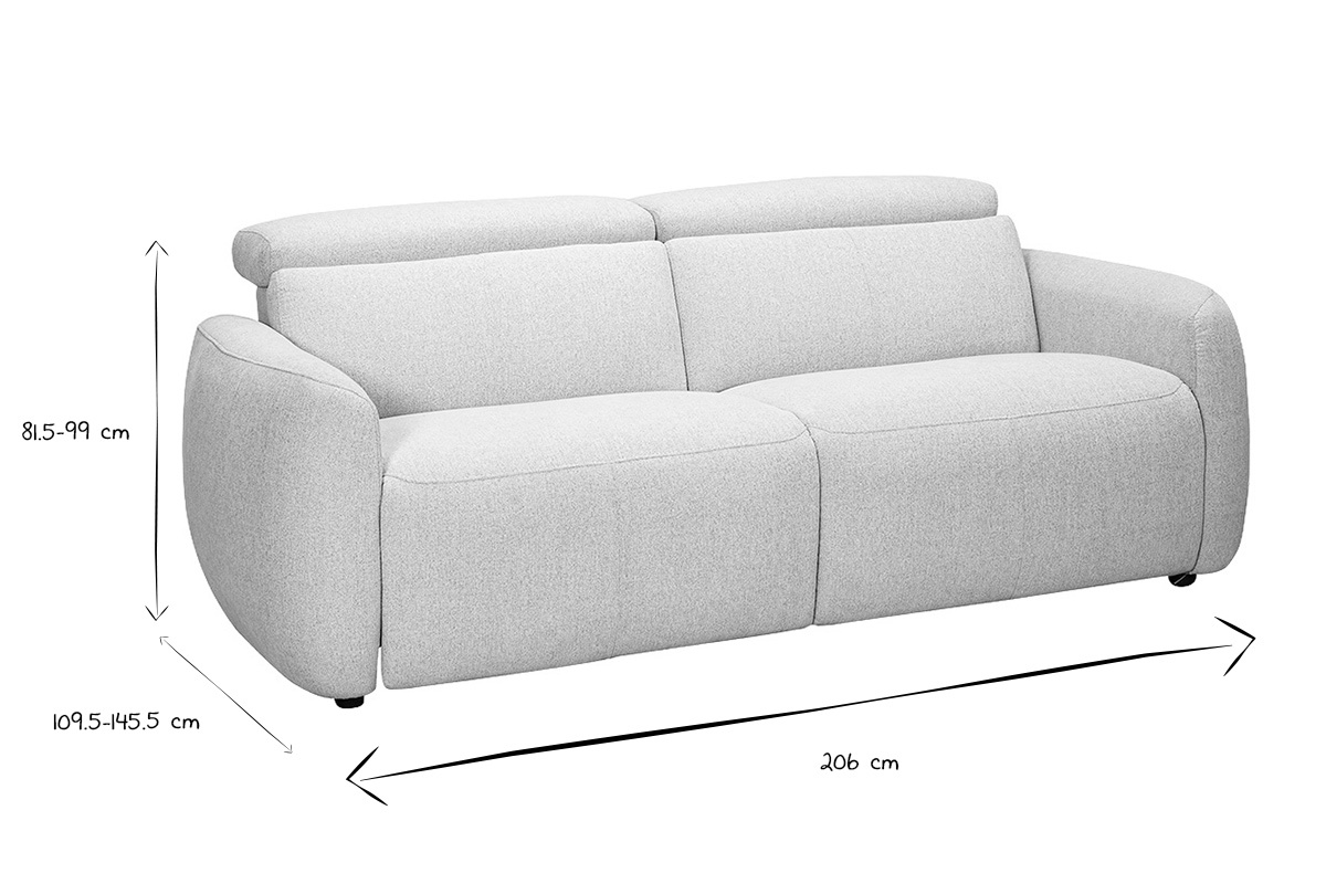 Abmessungen des elektrischen 3-Sitzer-Sofas MORZINE in Schwarz und Wei�, L206 x T109,5-145,5 x H81,5-99 cm.