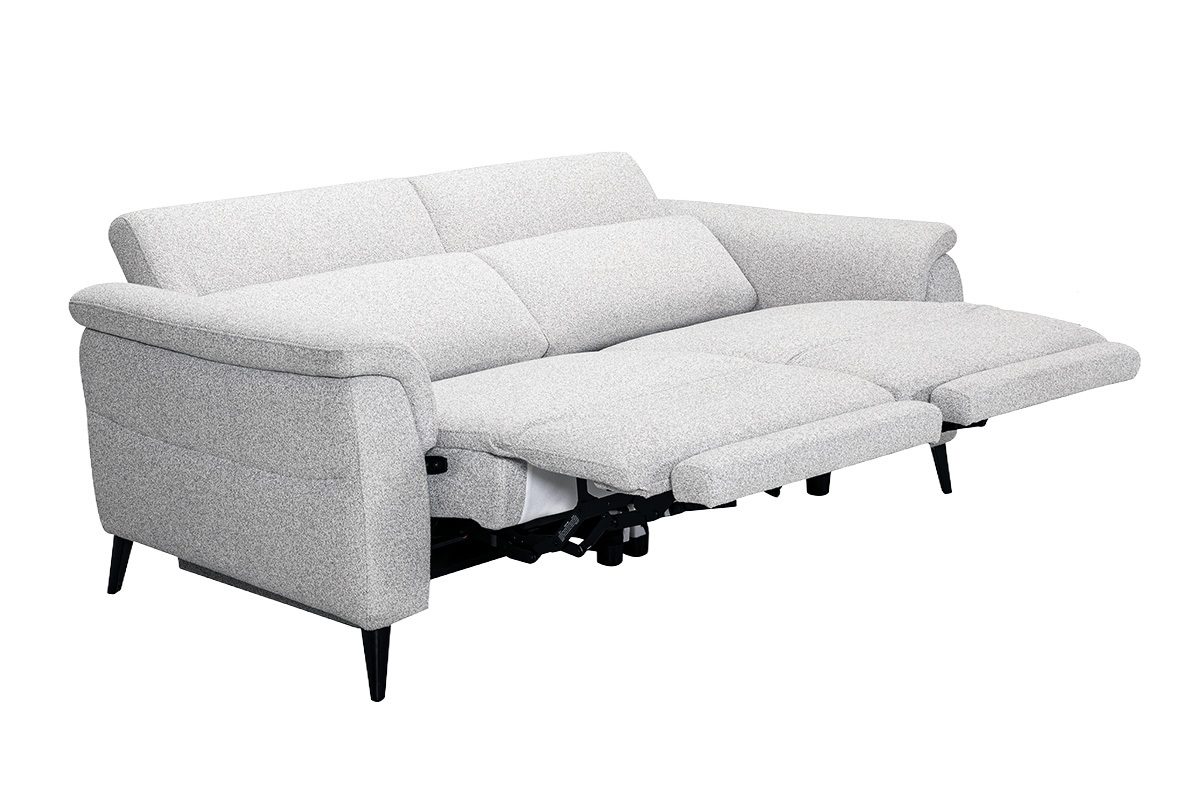 Elektrisches 3-Sitzer-Sofa mit verstellbaren Kopfst�tzen und Fu�st�tzen aus Stoff mit strukturiertem Samteffekt in Hellgrau und Metall VERBIER