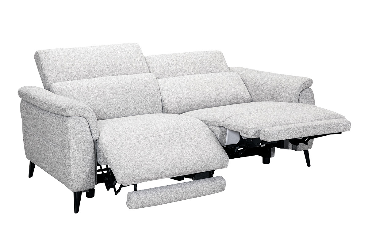 Elektrisches 3-Sitzer-Sofa mit verstellbaren Kopfst�tzen und Fu�st�tzen aus Stoff mit strukturiertem Samteffekt in Hellgrau und Metall VERBIER