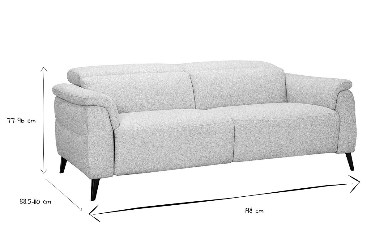Elektrisches 3-Sitzer-Sofa mit verstellbaren Kopfst�tzen und Fu�st�tzen aus Stoff mit strukturiertem Samteffekt in Hellgrau und Metall VERBIER