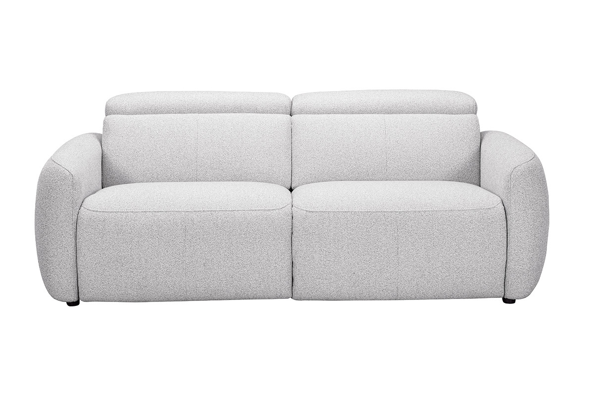 Elektrisches 3-Sitzer-Sofa MORZINE aus Stoff mit texturierter Samtoptik in Hellgrau, Vorderansicht.